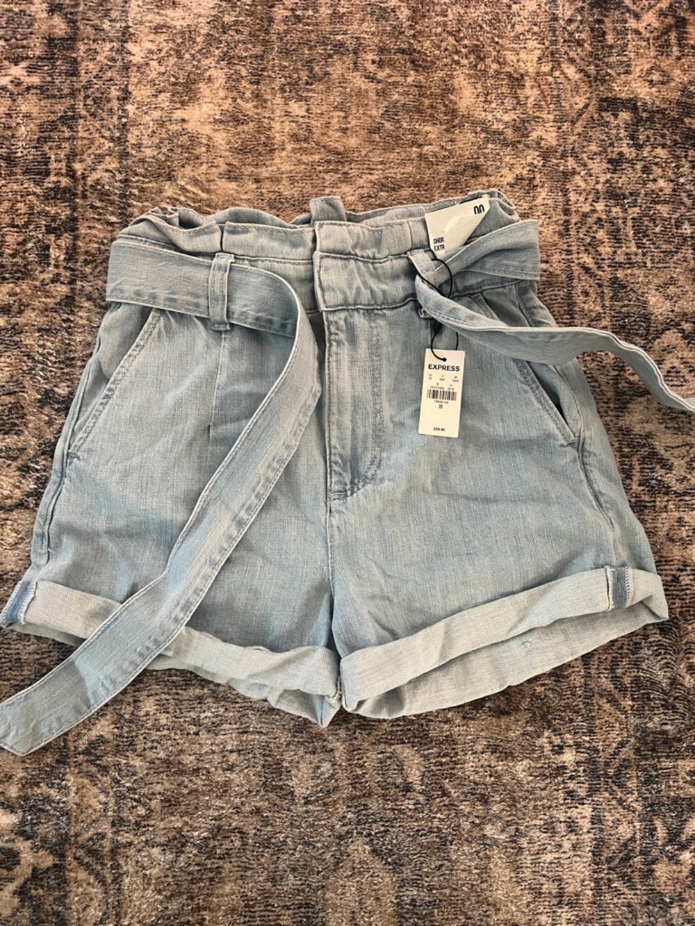 NWT Express Light Blue Paperbag Tie-Waist Denim Shorts